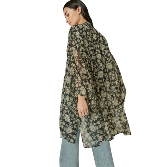 LUCKY BRAND Floral Printed Chiffon Metallic Striped Open Front Kimono Cardigan - Picture 3 of 12